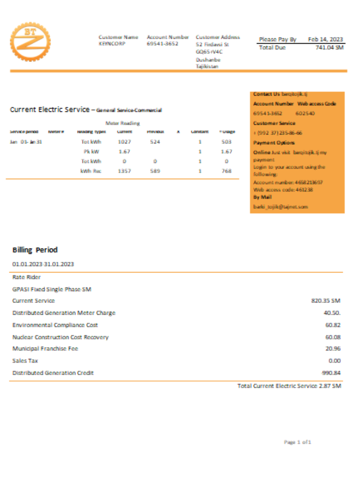 Barqi Tojik Company  electricity business bill,  SCR PSD template